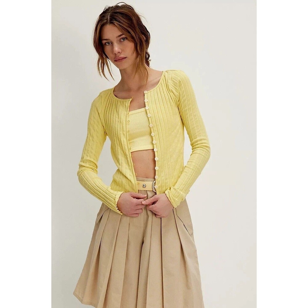 Free People Tilly Long-Sleeve Cardi Blouse Top Knit Ribbed Button Down XS 280723